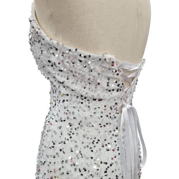 NWT White Silver Strapless Sequin Evening Gown with Corset Back on Velvet Fabric - Picture 11 of 14